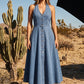 Damesjurk van denim met open rug, V-hals en zonder mouwen