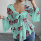 Damesblouse met bloemenprint, vierkante halslijn en geknoopte voorkant