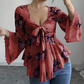 Damesblouse met bloemenprint, vierkante halslijn en geknoopte voorkant