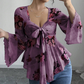 Damesblouse met bloemenprint, vierkante halslijn en geknoopte voorkant