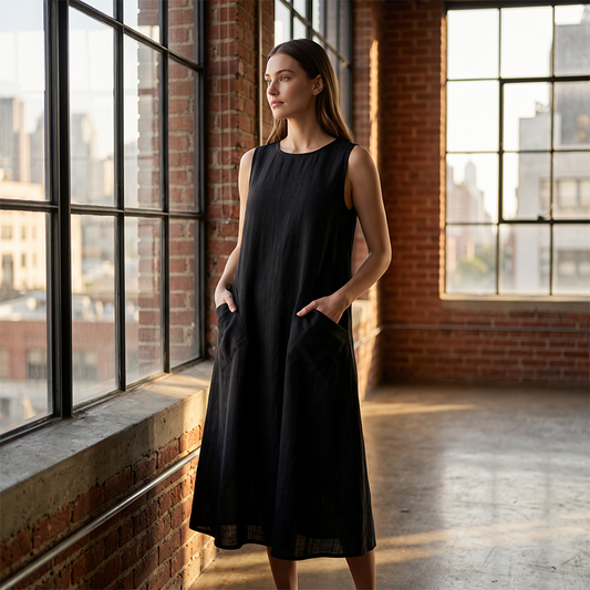 Mouwloze casual jurk met ronde hals voor dames, losvallende maxi-jurk in linnenlook met zakken