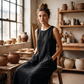 Mouwloze casual jurk met ronde hals voor dames, losvallende maxi-jurk in linnenlook met zakken