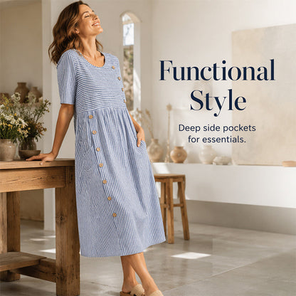 👗 NU 50% KORTING! 🔥 Klassieke Gestreepte Jurk | Visueel Afslankend | Comfortabel & Ademend | Zijzakken | Maat S–4XL | Blauw / Grijs / Abrikoos | Kantoor · Vakantie · Dagelijks ✨