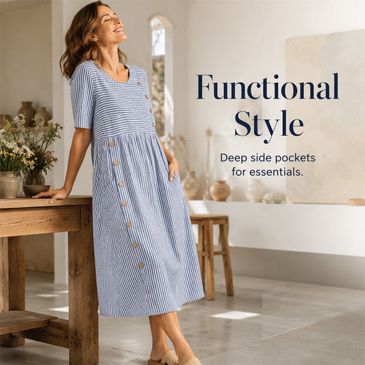 👗 NU 50% KORTING! 🔥 Klassieke Gestreepte Jurk | Visueel Afslankend | Comfortabel & Ademend | Zijzakken | Maat S–4XL | Blauw / Grijs / Abrikoos | Kantoor · Vakantie · Dagelijks ✨