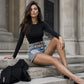 ⌛Tijdelijke aanbieding – Damesjeansshort met strass en scheuren