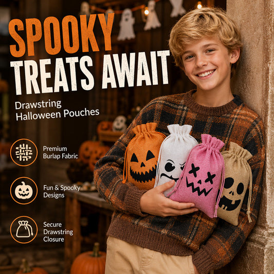 Halloween-zakjes van jute met trekkoord – Snoepzakje met griezelig gezicht