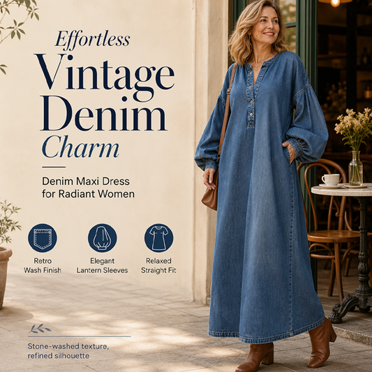 ⌛Tijdelijke aanbieding – Lange maxi-jeansjurk met lanternaarmpjes voor dames