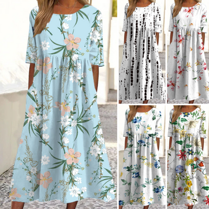 👗🌸Elegante lange jurk met bloemenprint en ronde hals voor dames