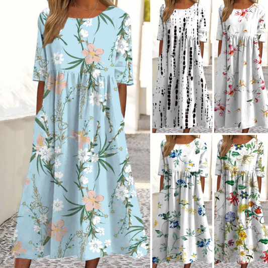 👗🌸Elegante lange jurk met bloemenprint en ronde hals voor dames