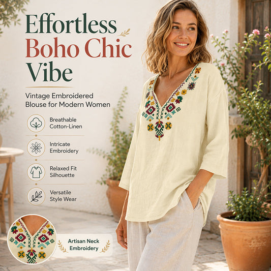 Vintage top met bloemenborduursel en V-hals voor dames