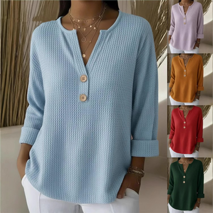 👚Topkeuze - Henley-shirt met V-hals en wafelstructuur – Ademende stof en veelzijdige effen kleuren 🌿