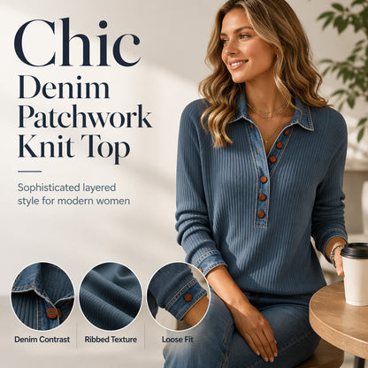 Dames-top van patchwork-breisel met denimkraag en lange mouwen