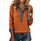 Dames-top van patchwork-breisel met denimkraag en lange mouwen
