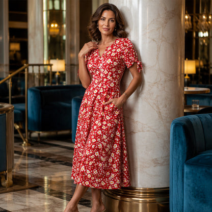 ☀️👗Topkeuze - Casual midi-jurk met bloemenprint en V-hals – soepel vallend en romantische print