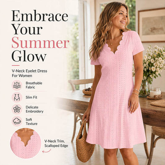 👗Topkeuze – Jurk met V-hals en gaatjespatroon, afgewerkt met geschulpte rand – Lichtgewicht en romantisch, ideaal voor tuinfeesten of een brunch 🌿