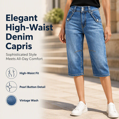 Damesjeansshorts met hoge taille en knielengte