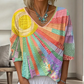 Retro patchwork-blouse met V-hals voor dames