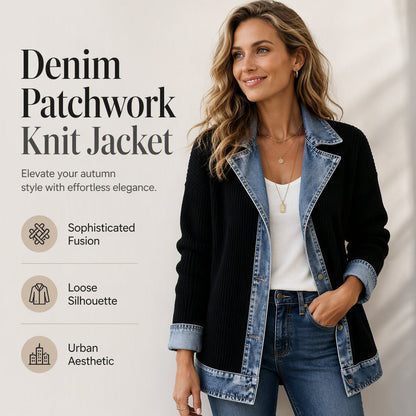 ⌛Tijdelijke aanbieding – Elegante denimjas voor dames met geribbelde brei-inzetstukken