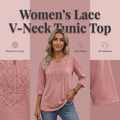 ☀️👚Topkeuze - Blouse met V-hals en kanten rand – Ademende stof en flatterende pasvorm, geschikt voor werk of in het weekend 🌿