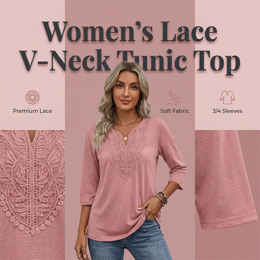 ☀️👚Topkeuze - Blouse met V-hals en kanten rand – Ademende stof en flatterende pasvorm, geschikt voor werk of in het weekend 🌿