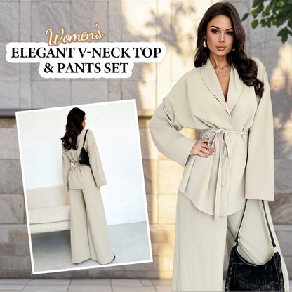 Elegante 2-delige set voor dames: top met V-hals en broek met wijde pijpen