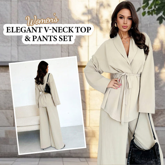 Elegante 2-delige set voor dames: top met V-hals en broek met wijde pijpen