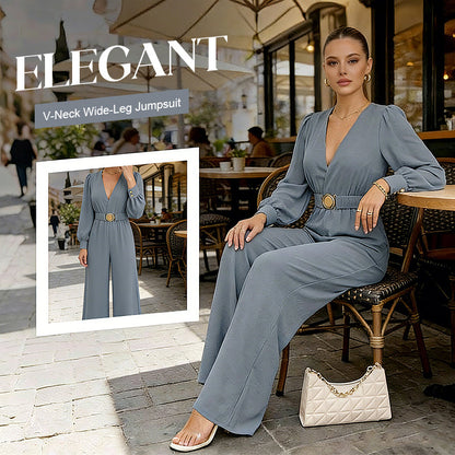 Elegante jumpsuit met V-hals, wijde pijpen en riem