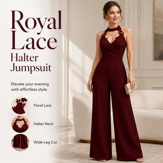 Elegante jumpsuit voor dames met halternek, kant en plooien, met wijde pijpen