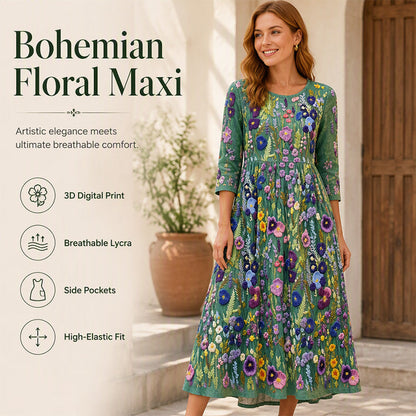 Midi-jurk voor dames met bloemenprint, 3/4-mouwen en zakken