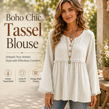 Casual, ruimvallende damesblouse met lange mouwen en franjes