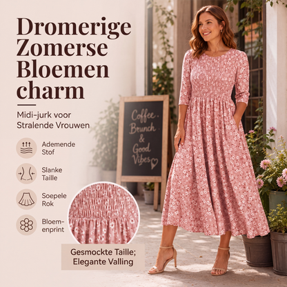 Damesjurk met smokwerk en bloemenprint