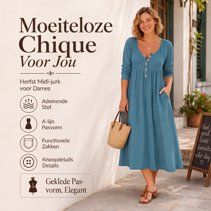 V-hals Jurk met Knoopen en Plooien voor Dames