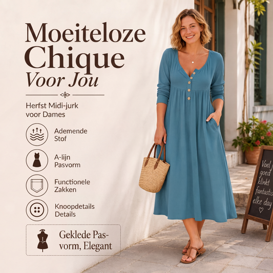 V-hals Jurk met Knoopen en Plooien voor Dames