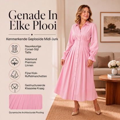 Dames overhemdjurk met geplooide taille en lange mouwen