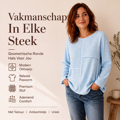 Dames patchwork top met ronde hals en textuur