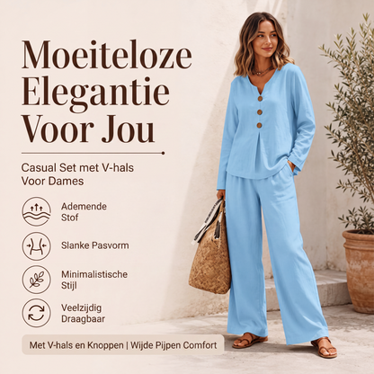 Dames set met V-hals top met lange mouwen en wijde pijpen broek