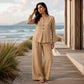 Dames set met V-hals top met lange mouwen en wijde pijpen broek