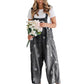 Losvallende denim tuinbroek voor dames met bloemenprint