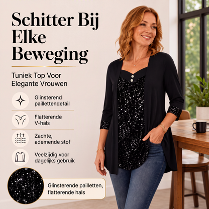 Dames patchworktop met lovertjes, imitatie-tweedelige top