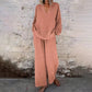 Casual effen kleuren set met V-hals lange mouwen top en wijde pijpen broek