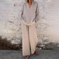 Casual effen kleuren set met V-hals lange mouwen top en wijde pijpen broek