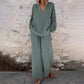 Casual effen kleuren set met V-hals lange mouwen top en wijde pijpen broek