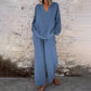 Casual effen kleuren set met V-hals lange mouwen top en wijde pijpen broek