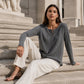 Geribbelde gebreide lange mouw Henley-top voor dames