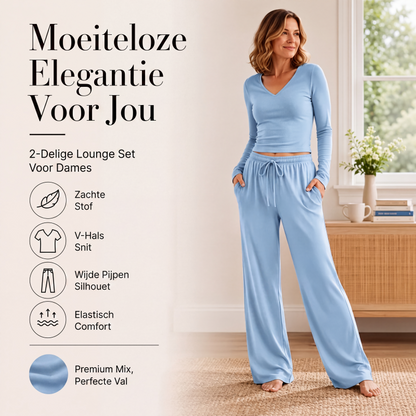 Dames set met V-hals lange mouwen top en wijde pijpen broek