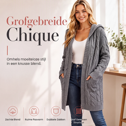 Lange gebreide dameshoodievest met zakken