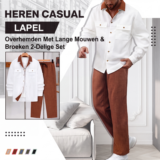 Heren vrijetijds set met overhemd met revers en lange mouwen en broek, 2-delig