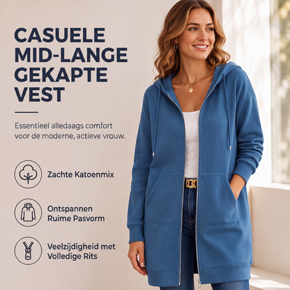 Hoodiejack van halflange lengte voor dames, casual vest met rits en zakken