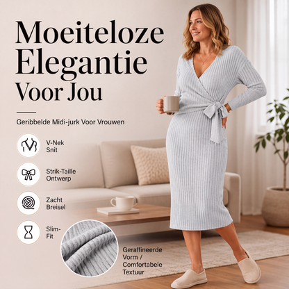Elegant V-hals gebreid geribd overslagjurk met strik voor dames