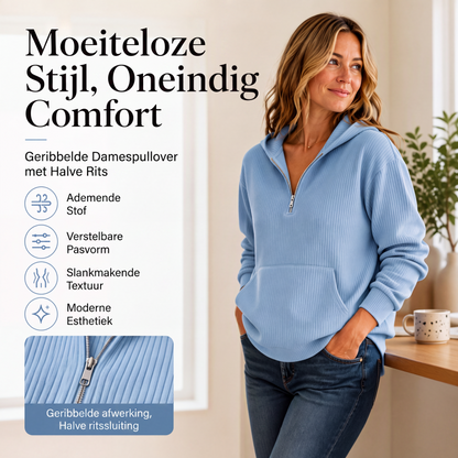 Casuele Geribbelde Gebreide Half-Ritshoodie voor Vrouwen